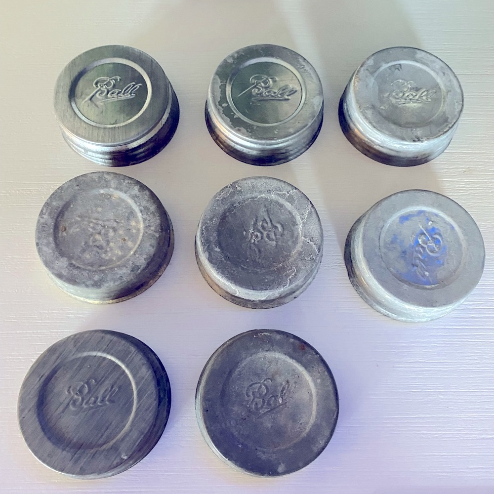 Lot of (8) Vintage Regular Size Ball Zinc Ball Jar Lids with Porcelain Inserts